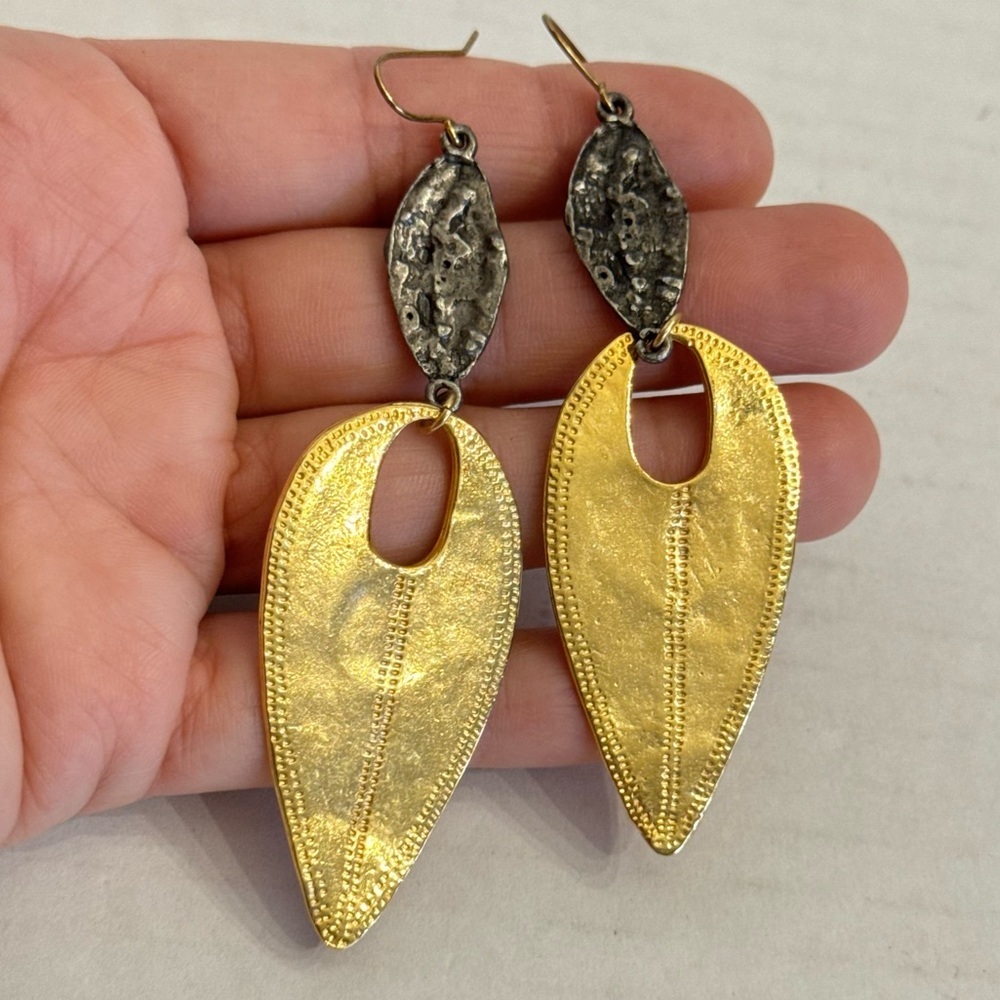 Devon Leigh 18K Gold Plated Antiqued Silver Tone Leaf Dangle Earrings Jewelry